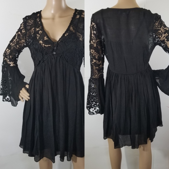 black lace bell sleeve dress